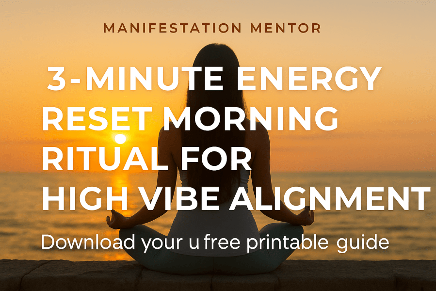 Woman meditating in a peaceful sunrise landscape, representing morning manifestation and energy-shifting rituals.